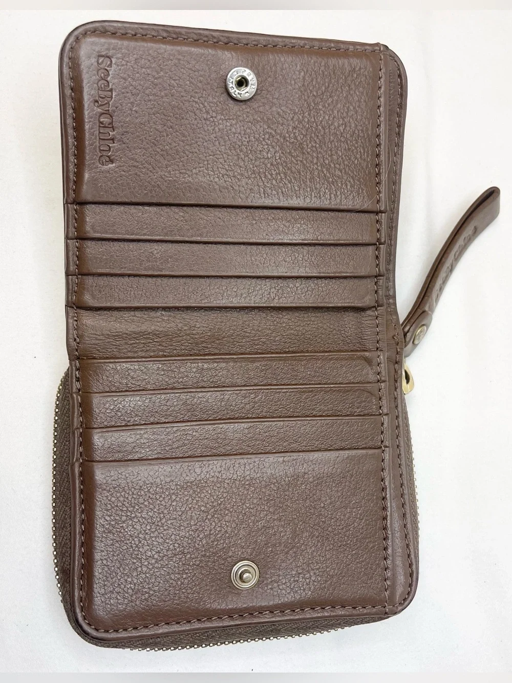 See By Chloe Vintage Leather Embroidered Logo Zip Around Wallet Brown